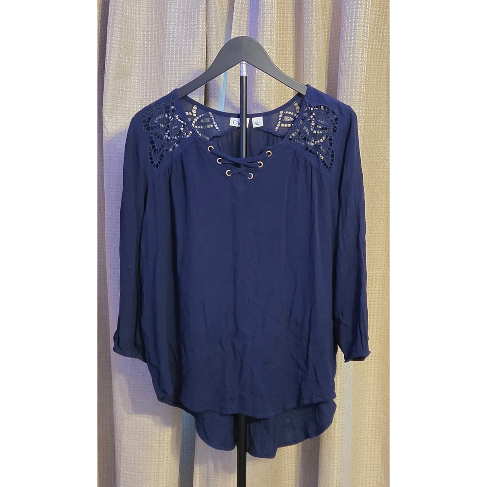 Cato Lace Up Crochet‎ Lace Shoulders Long Sleeve Blouse Women's Size Small Navy